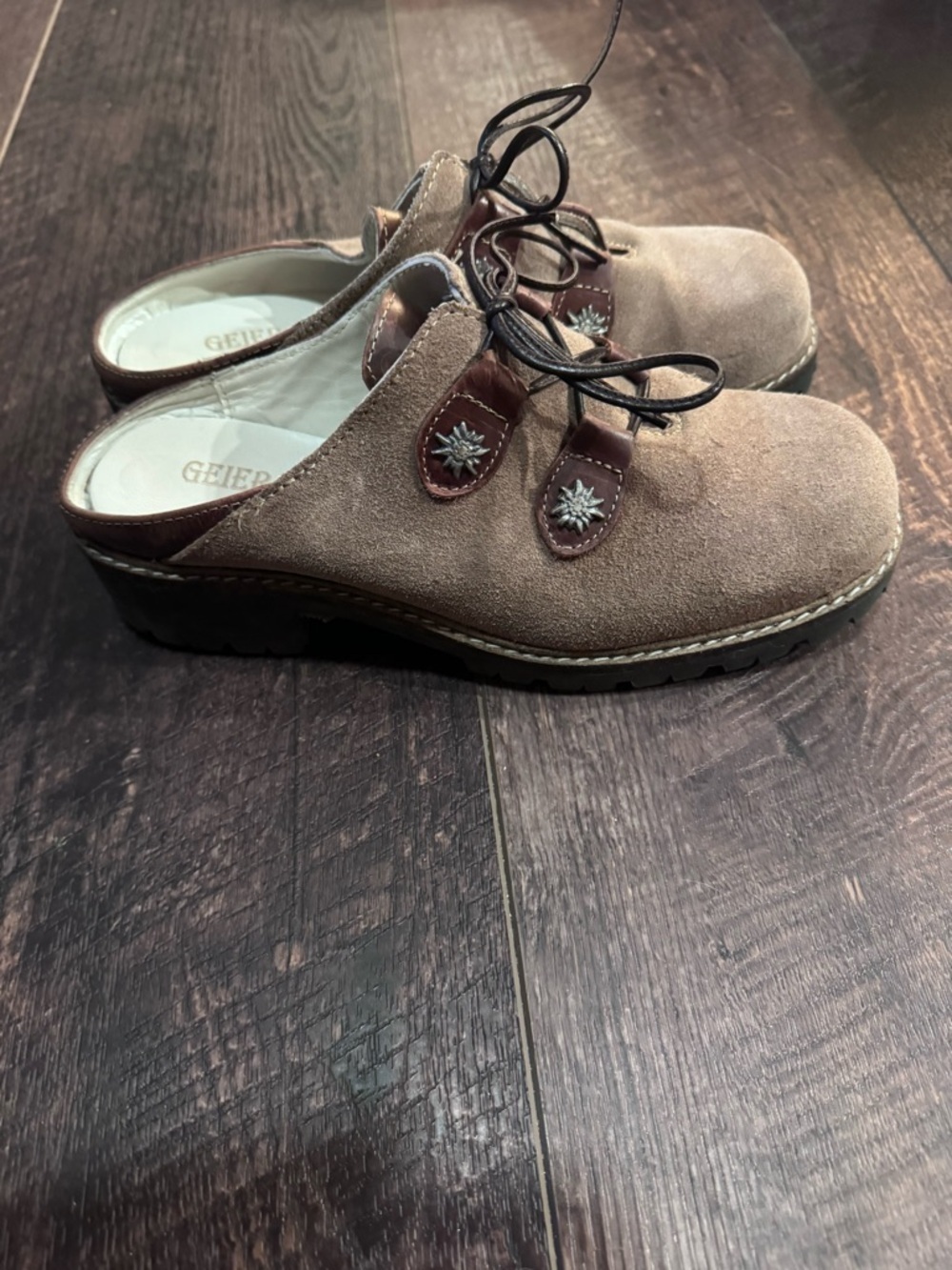 Geier Wally Austria Suede Clog Mules Edelweiss Lace Up Brown Size 39